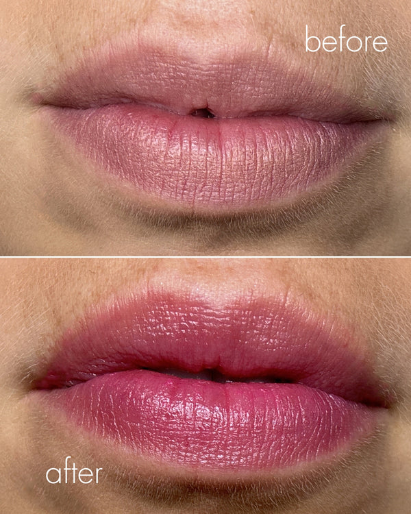 Before and after using Ohana&K Lip Balm, showing hydrated lips with a natural pink tint.