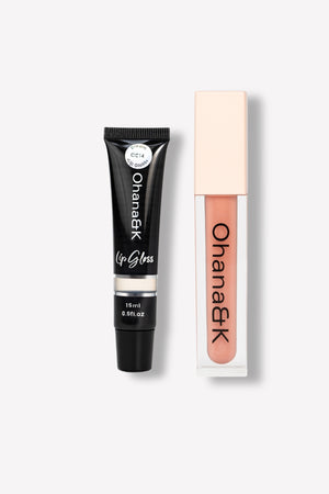 Image of the Glossy Lip Duo featuring a 6ml Vegan Lip Gloss and a 15ml Lip Gloss Tube, offering high-shine hydration and vegan, cruelty-free formulas.