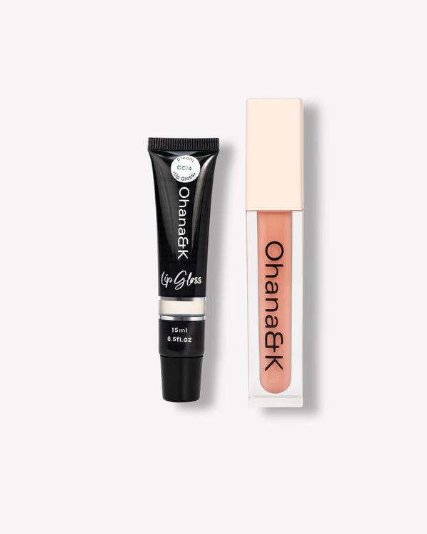 Image of the Glossy Lip Duo featuring a 6ml Vegan Lip Gloss and a 15ml Lip Gloss Tube, offering high-shine hydration and vegan, cruelty-free formulas.