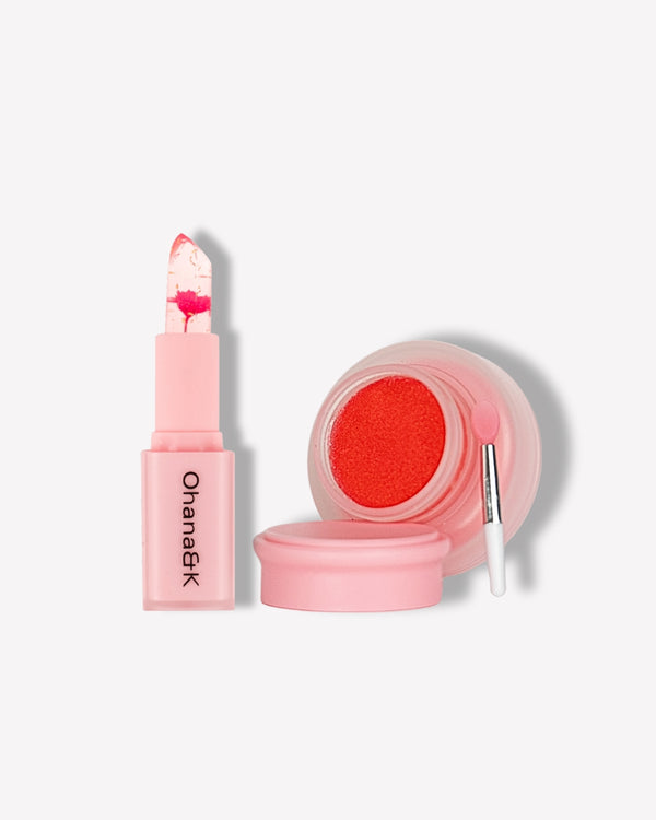 Image of the Lip Care Duo featuring the Reactive Lip Balm and Strawberry Lip Scrub, ideal for hydrating and exfoliating lips.