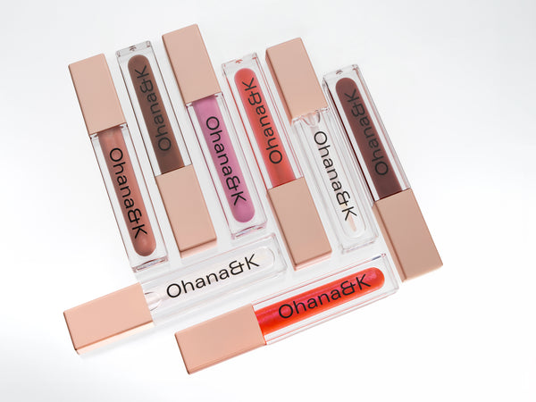 Ohana&K Lip Gloss collection, featuring eight versatile shades  offering brilliant shine with a lightweight, non-sticky formula.