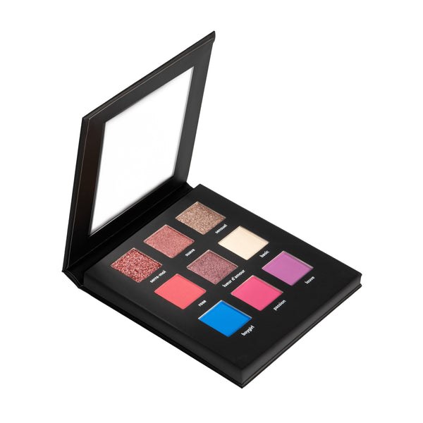 Ohana&K Vegan and Cruelty-Free Eternal Echoes Eyeshadow Palette, featuring nine bold and vibrant shades, including mattes, shimmers, and metallics.