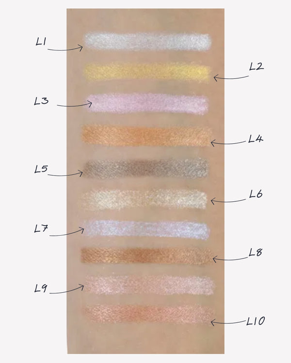 Swatches of all 10 shades of Ohana&K Eyeshadow Pencil applied on a forearm, showcasing creamy and blendable textures from light to dark tones.