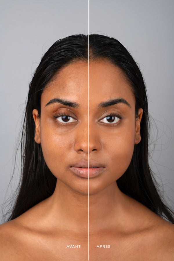 Before and after using Ohana&K Vegan and Cruelty-Free Matte Finish Foundation, demonstrating full coverage and a flawless matte finish.