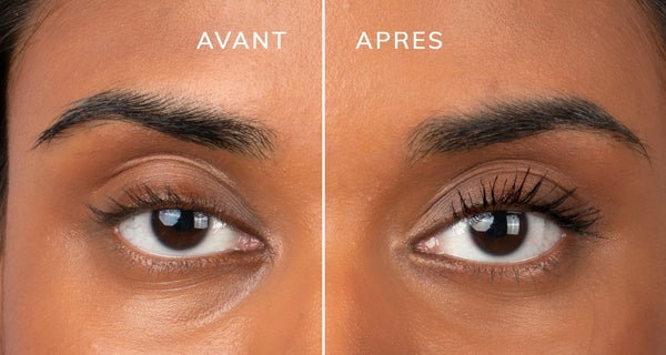 Before and after using Ohana&K Vegan and Cruelty-Free Waterproof Mascara, showing bold volume and length on right eye.